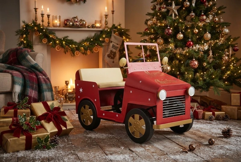 Automobile Natalizia in Metallo Rossa e Oro con Dettagli Festivi 153x83x117,5 cm