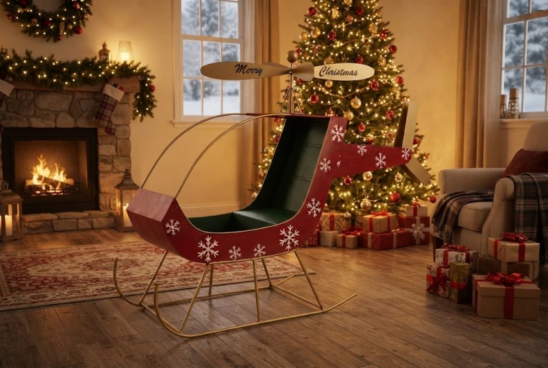 Elicottero Natalizio "Merry Christmas" in Metallo Rosso e Verde 184x46,5x126 cm