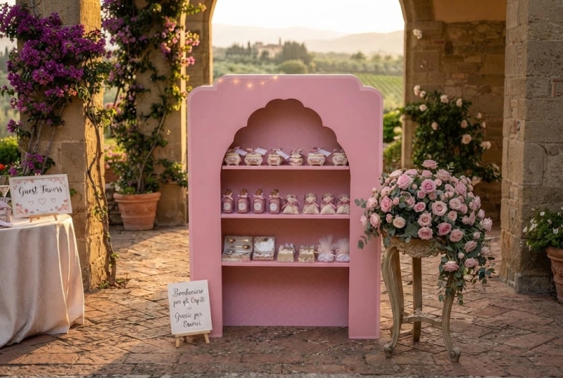 Espositore per Gadget e Bomboniere in Legno Rosa con Nicchia Arched 230x170 cm