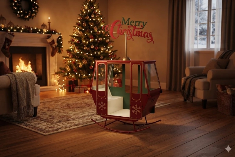 Funivia Natalizia Merry Xmas in Metallo Rosso e Verde 90x50x147 cm
