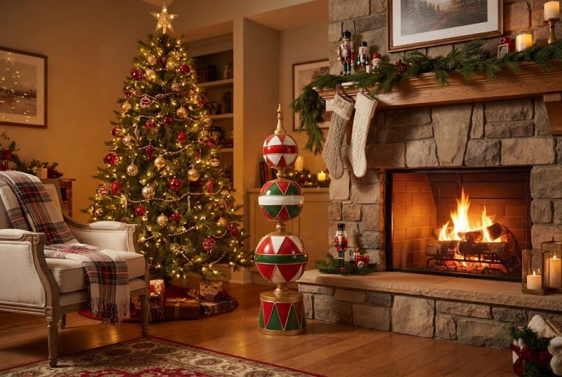 Puntale 3 Sfere Xmas Festival in Metallo Rosso e Decorato 30,50 x H 125,50 cm