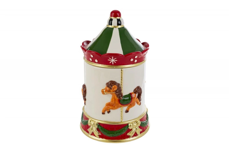 Scatola Porta Biscotti in Ceramica con Cavallo a Dondolo Natalizio - h. 27,5 cm